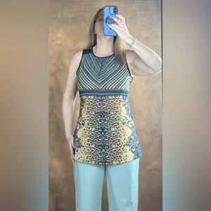 CAbi Sleeveless Mixed-Print Tank in Yellow and Blue-Green